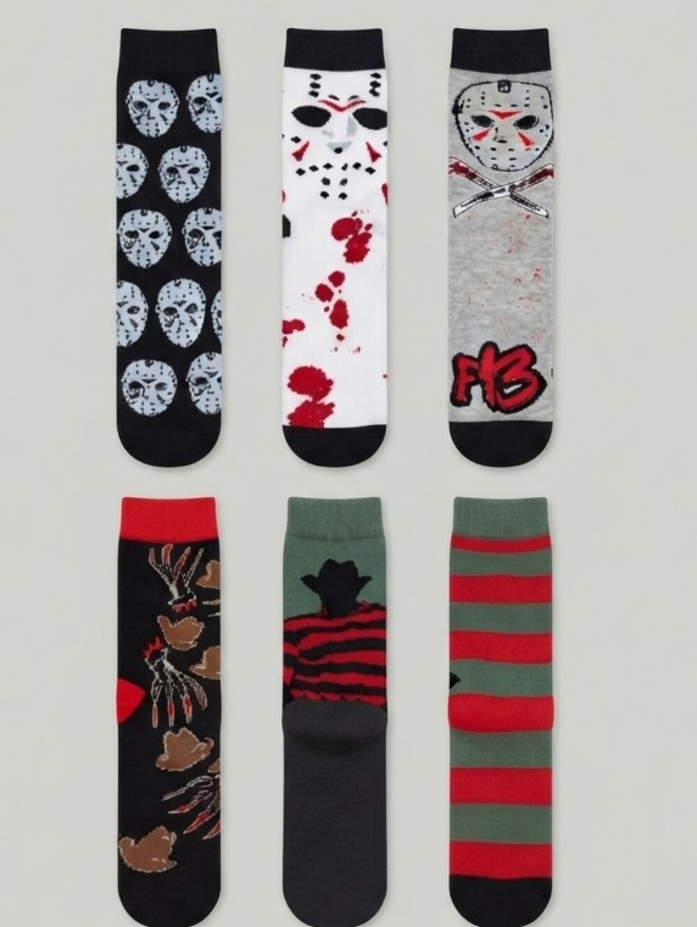 Freddy Krueger & Jason Voorhees Horror Novelty Crew Socks Lot Set of 6 Pairs